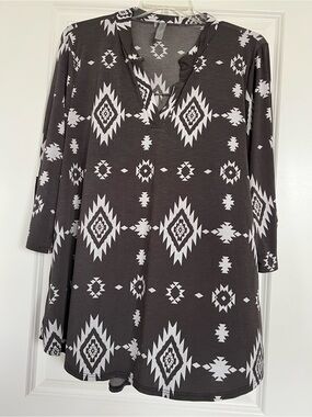 Honeyme Curvy Dark and Light Gray Aztec V-Neck Tunic